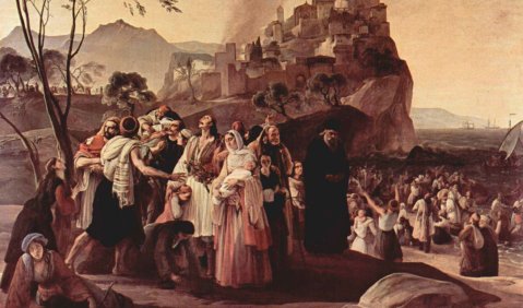 Francesco Hayez: Die Flüchtlinge von Parga. 1831, Öl auf Leinwand, 201 × 290 cm, Brescia, Pinacoteca Tosio Martinengo