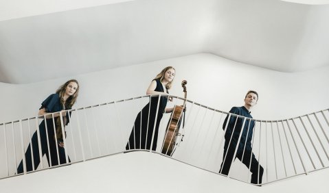 In einem weißen Treppenhaus posieren die drei Musiker*innen mit Blick in die von unten Fotografierende Kamera.