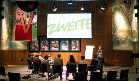 Ein Theater: Eine Gruppe sitzt in einem Halbkreis. Eine Person präsentiert. An der Rückwand steht hell: "Akademie ZWEITE Moderne".