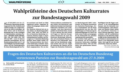 Die Wahlprüfsteine des Deutschen Kulturrates erscheinen in der Sept./Okt.-Ausgaber der Zeitschrift „politik und kultur“