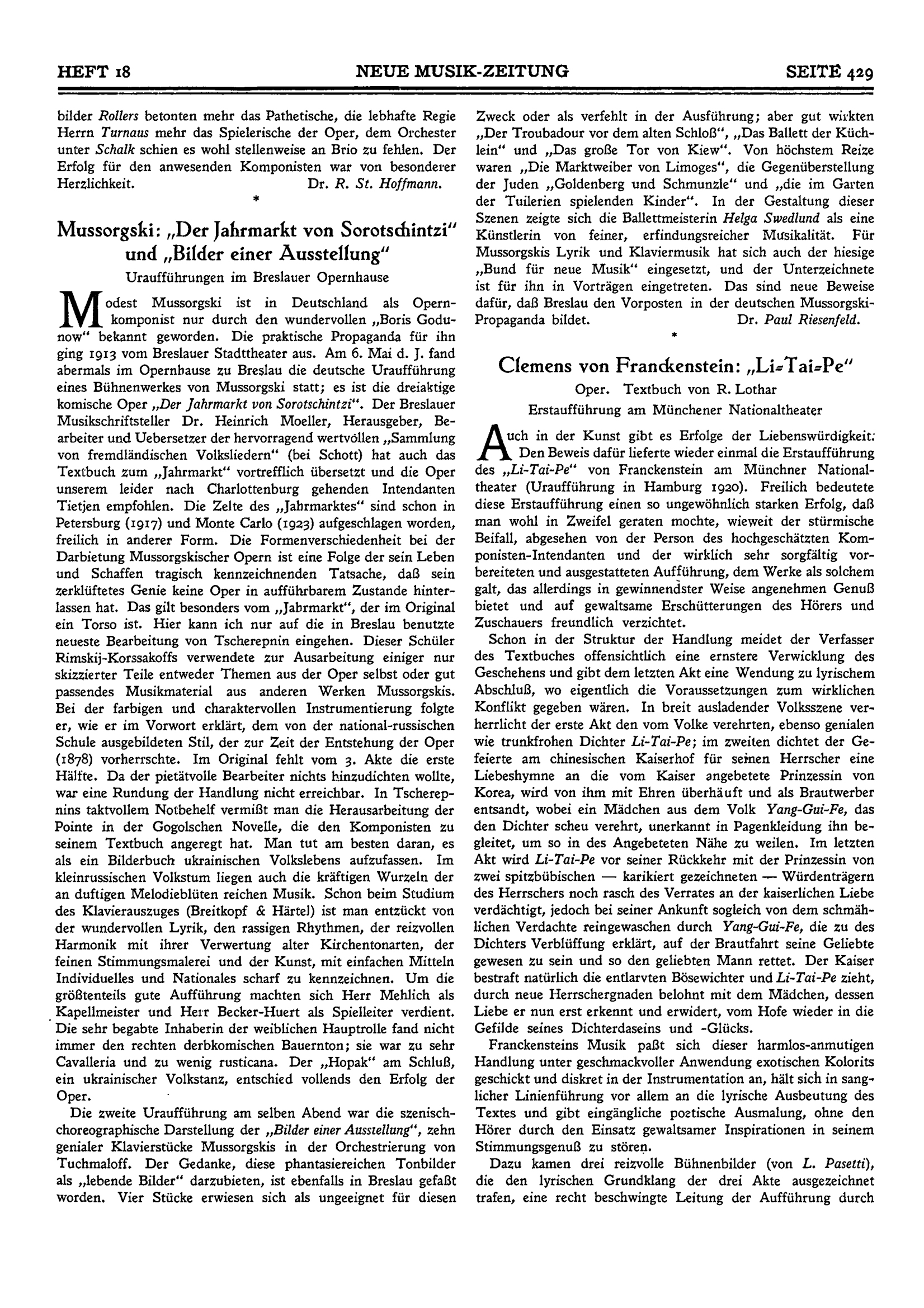 Vor 100 Jahren: Mussorgski: „Der Jahrmarkt von Sorotschintzi“. Uraufführung in Breslau Vor 100 Jahren: Mussorgski: „Der Jahrmarkt von Sorotschintzi“. Uraufführung in Breslau