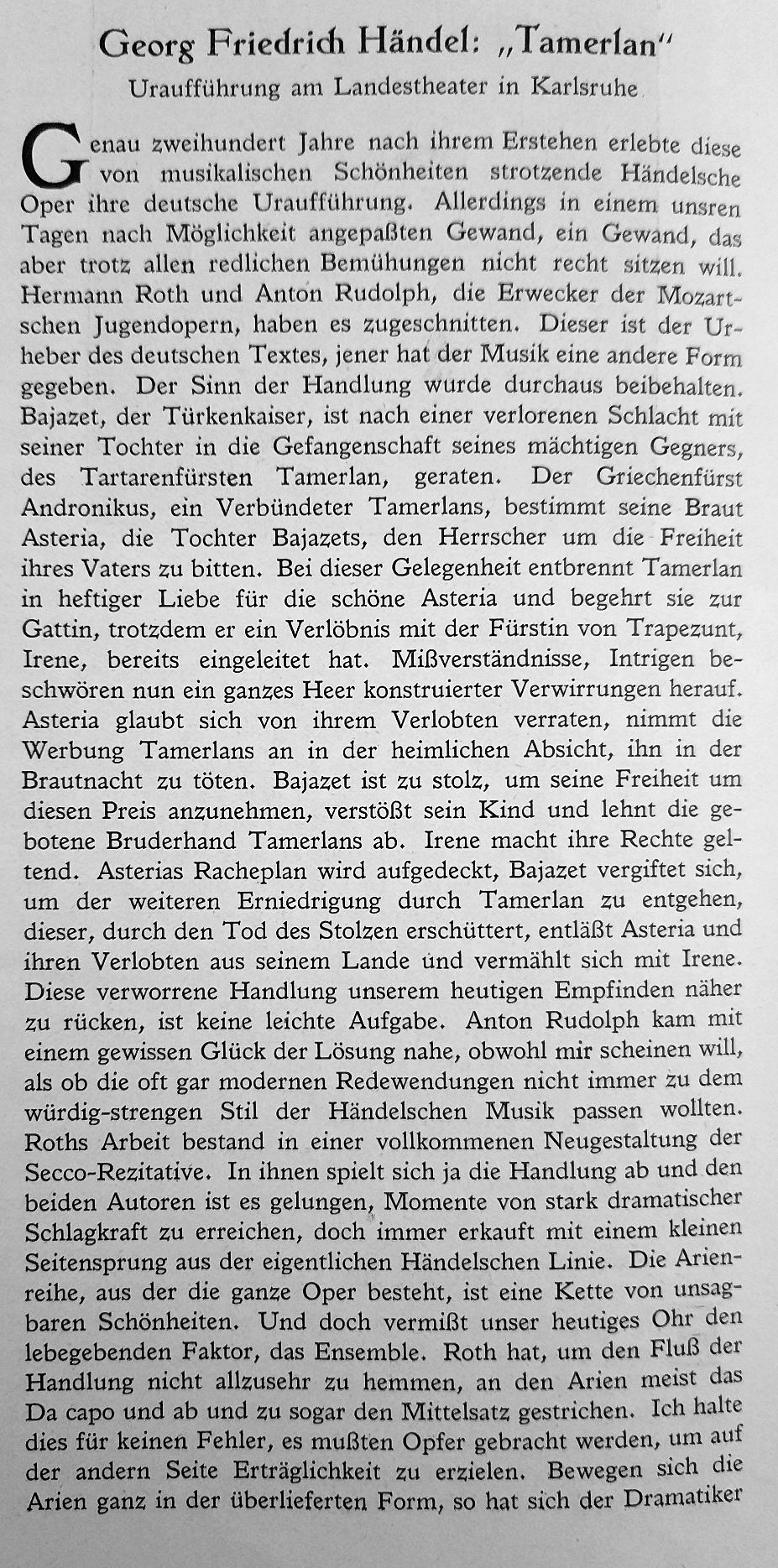 Vor 100 Jahren: Georg Friedrich Händel: „Tamerlan“. Uraufführung am Landestheater in Karlsruhe