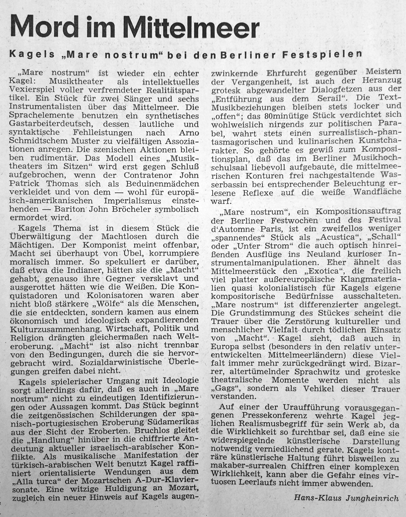Vor 50 Jahren: Kagels „Mare nostrum“ bei den Berliner Festspielen