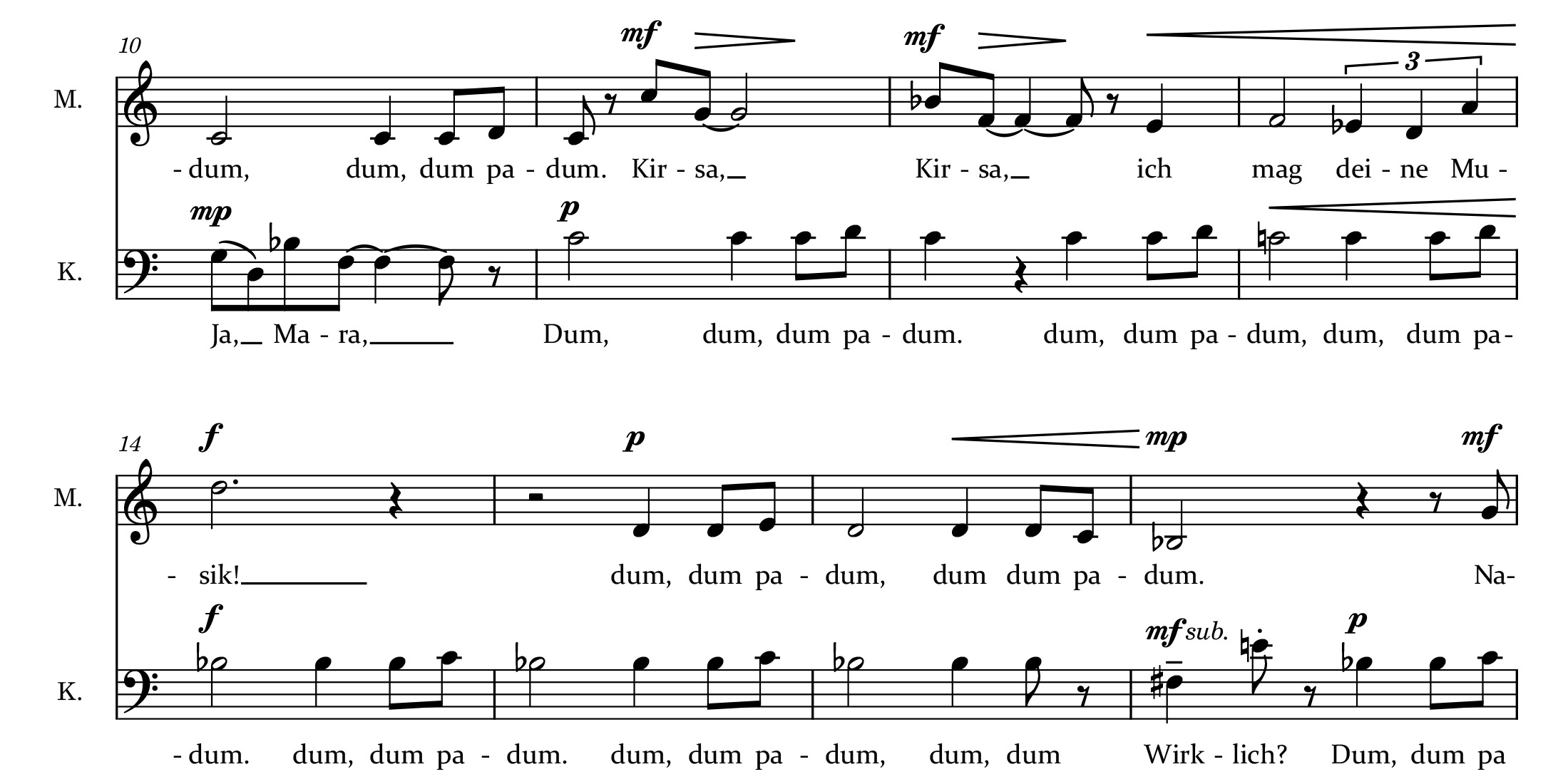 &bdquo;Kirsas Musik&ldquo; von Thierry Tidrow &ndash; Ausschnitt aus der Partitur, Seite 44, Takte 10 ff.. Abdruck erfolgt mit freundlicher Genehmigung des Komponisten.