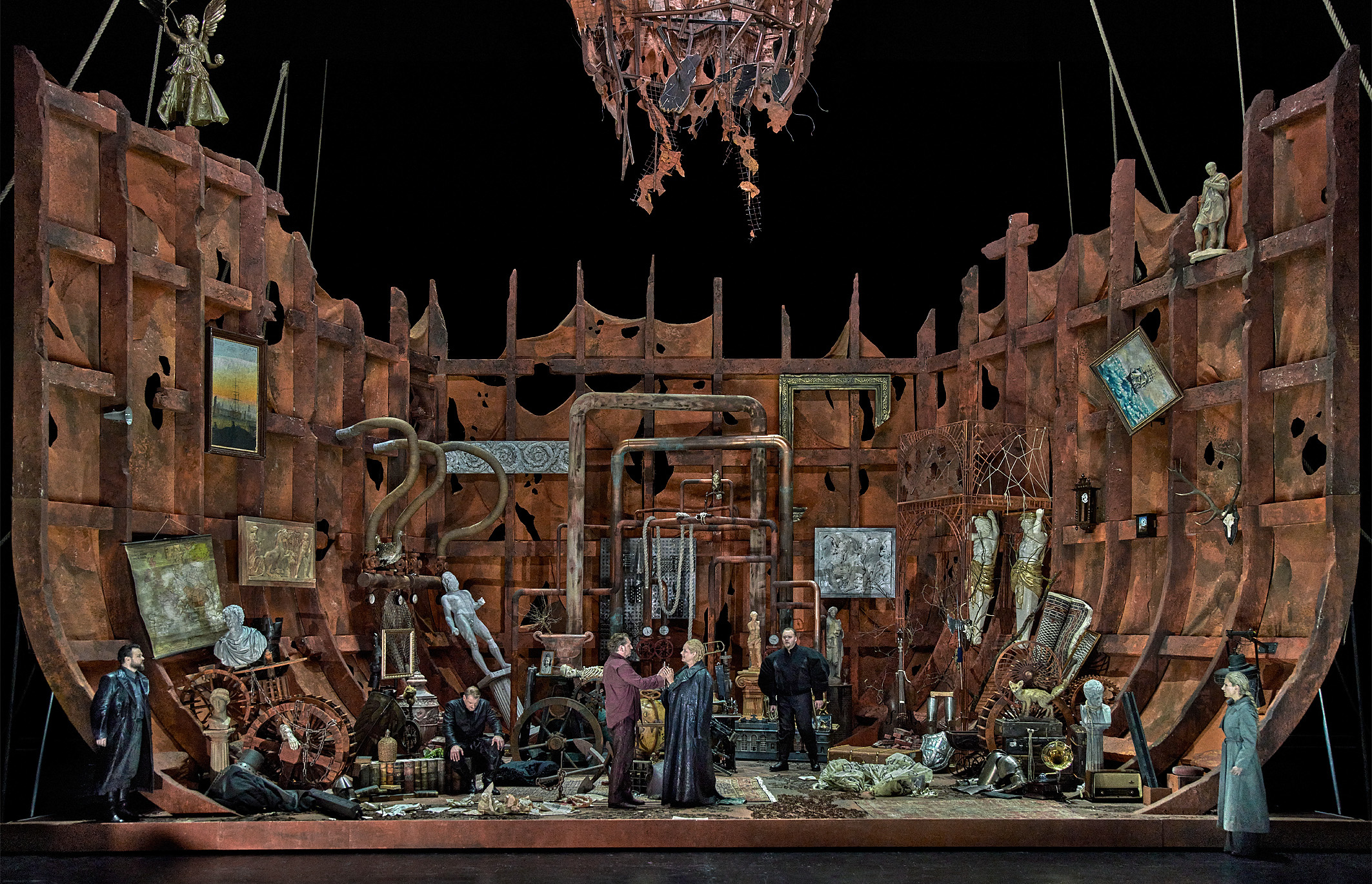 Tristan und Isolde. II. Aufzug. Jordan Shanahan (Kurwenal), Günther Groissböck (Marke), Andreas Schager (Tristan), Camilla Nylund (Isolde), Alexander Grassauer (Melot), Ekaterina Gubanova (Brangäne). © Bayreuther Festspiele / Enrico Nawrath