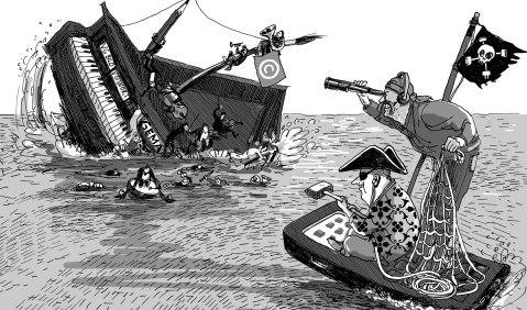Verdrehte Welt der Urheber und Schöpfer: Heute machen Piraten Jagd auf Content-Mafiosi. Zeichnung: Friederike Groß
