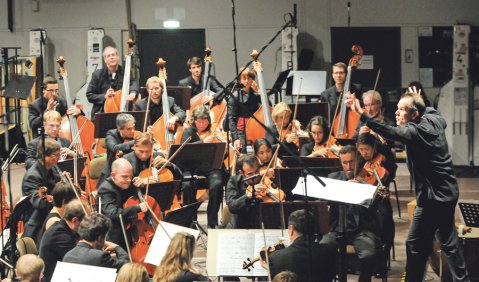 Dirigieren gegen den Untergang: Im Abschlusskonzert der Donau­eschinger Musiktage leitete Chefdirigent François-Xavier Roth das SWR Sinfonieorchester Baden-­Baden und Freiburg. Foto: Charlotte Oswald