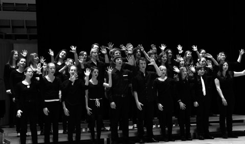 Noch kein modernes „Chortheater“, aber eine stimmig aus der Musik begründete Choreografie zeigte der Jugendchor Nürnberg im Konzertsaal der Bamberger Symphoniker. Foto: VdM/Schäfer