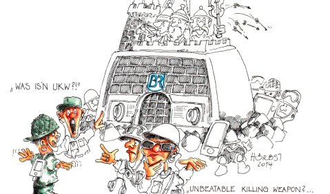 München, Rundfunkplatz 1: Militante, wenn auch leicht verunsicherte „Puls“-Aktivisten stürmen das BR-Klassik-Bollwerk. Cartoon: Rupert Hörbst
