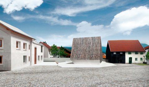 Ein Konzerthaus-Monolith im Bayerischen Wald – virtuell und als Baustelle (mit Karl Landgraf und Thomas E. Bauer). Fotos: Peter Haimerl Architektur (2), Koch