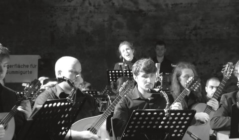 Anne Heßling und Musiker des JugendZupfOrchester NRW bei der Urauffüh-rung von Hakenbergs „The Amputation of Charlie Sharp“ am 2. November im Salzlager der Zeche Zollverein. Foto: LMR NRW