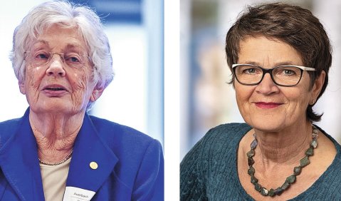 Die AMJ-Ehrenvorsitzende Lore Auerbach (li., Foto: Volker Hanuschke)und die  neu gewählte Vorsitzende Gabriele Nogalski (Foto: Jörg Klampäckel)
