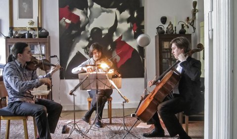 Das Trio Malov-Kovalev-Stadler unter Peter Schuberts Gemälde. Foto: M. Röthinger