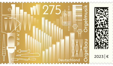 Die erste Sondermarke aus der Serie „Immaterielles Kulturerbe“ zum Thema „Orgelbau – Orgelmusik“. Entwurf: Julia Warbanow, Berlin