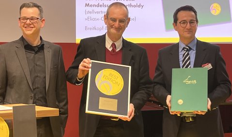 Clemens Scheuch, Vizepräsident Deutscher Musikverleger-Verband e.V., Dr. Ralf Wehner, Arbeitstellenleiter der Leipziger Mendelssohn-Ausgabe, Nick Pfefferkorn, Leiter des Verlages Breitkopf & Härtel. Foto: Birgit Müller, Bild: SAW