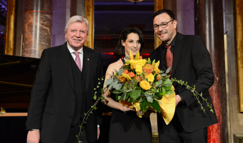 Volker Bouffier, Tamar Halperin und Andreas Scholl. Foto: Staatskanzlei Hessen_Sabrina Feige