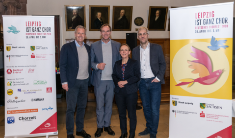 Christian Wulff (Präsident des Deutschen Chorverbands), Burkhard Jung (Oberbürgermeister Leipzig), Veronika Petzold (GF des Deutschen Chorverbands), Tobias Rosenthal (Künstl. Leiter des Dt. Chorfests). Foto: C. Kern