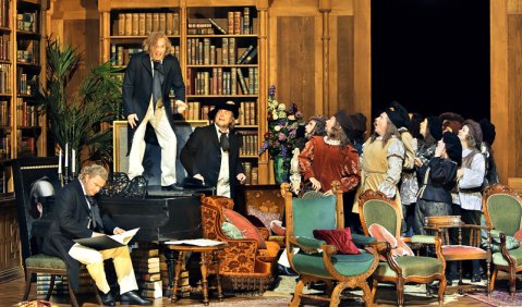Klaus Florian Vogt, Daniel Behle, Michael Volle und Ensemble in der Bayreuther „Meistersinger“-Premiere. Foto: Bayreuther Festspiele/Enrico Nawrath