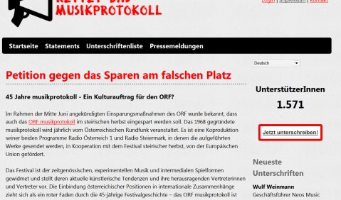 Screenshot von der Petitionsseite http://rettetdasmusikprotokoll.mur.at/