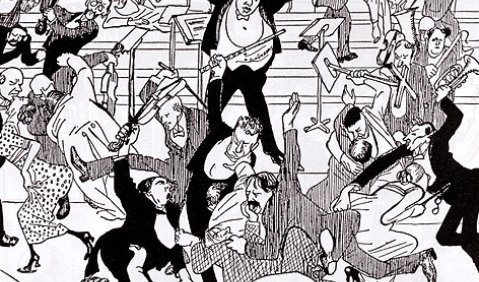 Das „Watschenkonzert“. Karikatur in „ie Zeit“ vom 6. April 1913