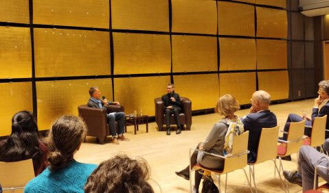 Mark Andre im Gespräch mit Stefan Jena nach dem Konzert am 12. März im Musikverein Wien. Foto: Alexander Keuk.