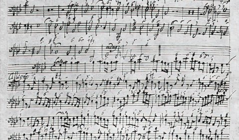 Johann Dismas Zelenka, Erste Seite aus der Stimme für Violone ò Tiorba zu der 4. Sonate g der 6 Sonate a due Hautbois et Basson con due bassi obligati (1715/16), Autograph. Dresden, Sächsische Landesbibliothek, Mus. 2358/Q/3 (= Cd 13).