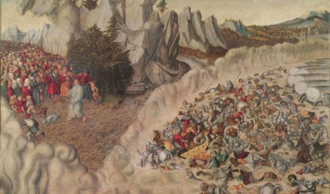 Lucas Cranach d. Ä.: Untergang des Pharao im Roten Meer. 1530, Öl auf Holz, 82 × 117 cm München, Alte Pinakothek  