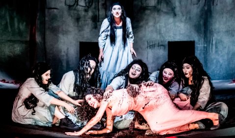 v.: Noa Danon (Chrysothemis), v.l.n.r.: Iris Arndt (Elektra 8), Georgina von der Gablenz (Elektra 9), Elaine McKrill (Elektra), Henriette Gödde (Elektra 2), Inga Schäfer (Elektra 4), Hale Soner (Elektra 6) Foto: Andreas Lander