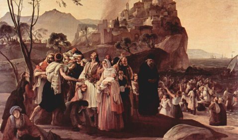 Francesco Hayez: Die Flüchtlinge von Parga. 1831, Öl auf Leinwand, 201 × 290 cm, Brescia, Pinacoteca Tosio Martinengo