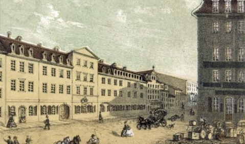 Das Haus Goldener Bär in Leipzig um 1850, farbige Lithographie (rechts der Silberne Bär). Foto: wikimedia commons, https://commons.wikimedia.org/wiki/File:Goldener_B%C3%A4r_1850.jpg