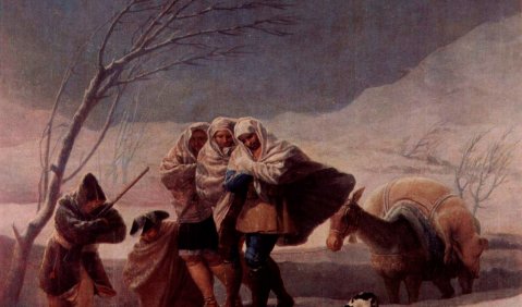 Francisco de Goya y Lucientes: Entwürfe für die Wandteppiche zur Ausschmückung der Königl. Paläste El Pardo und El Escorial, Szene: Der Schneesturm. 1786–1787, Öl auf Leinwand, 275 × 293. Madrid, Museo del Prado