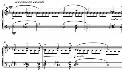 Leise Klaviertakte in f-Moll bzw. Des-Dur mit f-Achtelrepititionen.