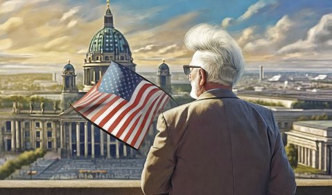 80 Jahre alter weißer Mann mit blonder Sardellenfrisur und amerikanischer Flagge schaut von einem Wolkenkratzer auf den Berliner Reichstag. Foto: Hufner/Firefly
