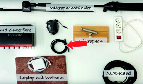 Utensilien für das digitale Unterrichten: Mikrofonstativ, Audiointerface, Mikrofon, XLR-Kabel, Laptop mit Webacm