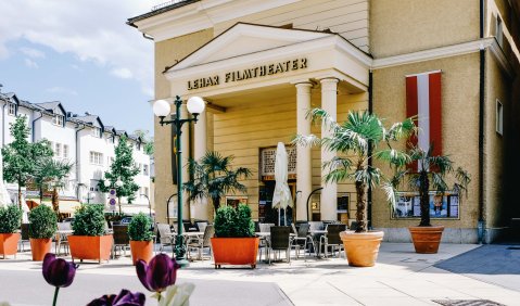 Ein gelbes Theatergebäude mit kleinen Palmen- und Kakteengewächsen vor dem Eingang.
