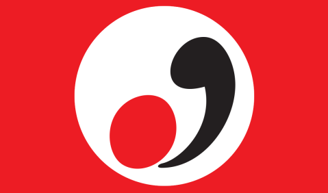 Das Logo der Jeunesses Musicales Deutschland: Ein roter Punkt und ein schwarzes Komma.