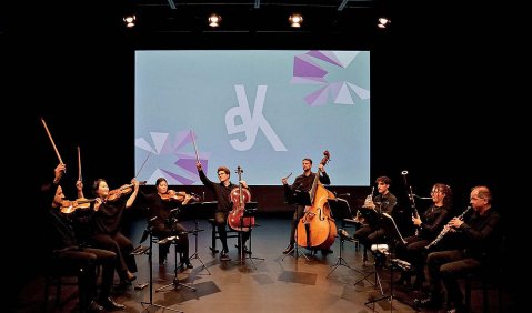 Konzert auf einer dunklen Bühne mit einem großen (Kammer-)Streichensemble.
