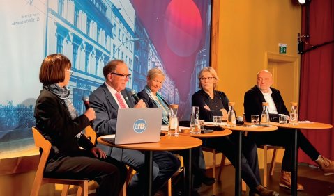 Startschuss-Pressekonferenz zum &bdquo;Aktionstag Zusammenhalt in Vielfalt&ldquo; der Initiative kulturelle Integration (v.l.n.r.): Barbara Haack, Leiterin Kommunikation beim Deutschen Kulturrat, Olaf Zimmermann, Sprecher der Initiative kulturelle Integration und Gesch&auml;ftsf&uuml;hrer des Deutschen Kulturrates, Bisch&ouml;fin Kirsten Fehrs, Vorsitzende des Rates der Evangelischen Kirche in Deutschland, Daniela Schneckenburger, Beigeordnete f&uuml;r Kultur beim Deutschen St&auml;dtetag, Robert Skuppin, Programmdirektor des Rundfunk Berlin-B