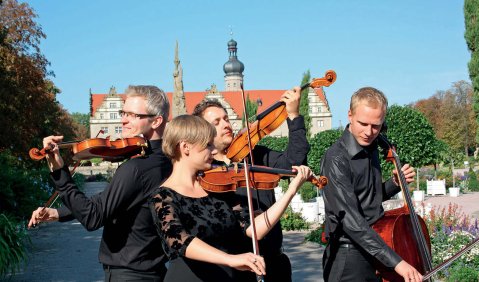 Musiker:innen eines Streichquartetts stehen draußen vor dem Schloss Weikersheim eng beisammen und spielen ihre Instrumente locker im stehen.
