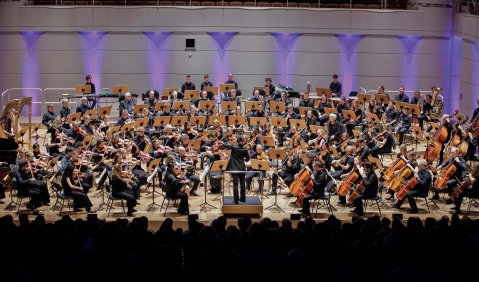 Ein groß besetztes Sinfonieorchester beim Konzert.