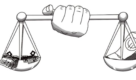 Zeichnung: Eine Hand h&auml;lt eine Stande mit zwei Schalen. In einer Schale liegen Noten, eine andere Hand legt Geld in die andere Schale.