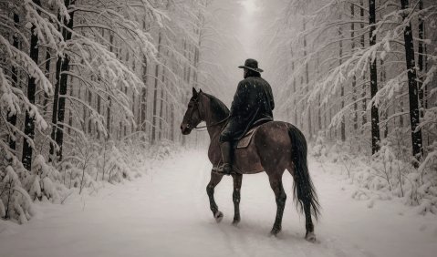 Ein einsamer Reiter mit dunklem Mantel und Hut auf einem Pferd in einem verschneiten Nadelwald.