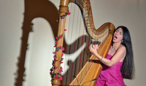 Singend, spielend und tr&auml;umend: die Harfenistin und Sopranistin Claraliz Mora. Foto: Stefan Pohl