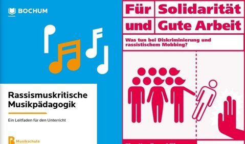 Titelseiten der Brosch&uuml;re &bdquo;Rassismusritische Musikp&auml;dagogik&rdquo; und der&nbsp;Handlungshilfe zum Umgang mit Diskriminierung und rassistischem Mobbing
