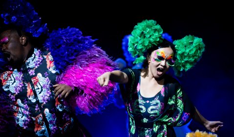 In extrem bunten Kostümen, an den Stil von Drag-Queens erinnernd entsprechend grell und schillernd