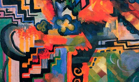 August Macke: Farbige Komposition (Hommage à Johann Sebastian Bach). 1912, Öl auf Karton, 102 × 82 cm, Ludwigshafen, Wilhelm-Hack-Museum