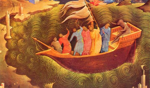 Don Lorenzo Monaco: Hl. Nikolaus rettet die Schiffbrüchigen. 1. Viertel 15. Jh., Tempera auf Holz, 19 × 52 cm. Florenz, Galleria dell'Accademia
