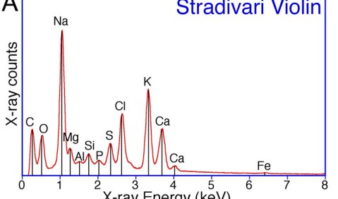 The Stradivari violin spectrum A was acquired over a large representative 400 µm diameter area of the pellet