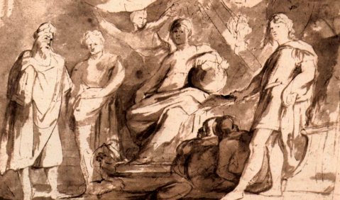 Peter Paul Rubens: Roma Triumphans. Um 1622, Feder in Braun, laviert, 21,9 × 30,3 cm. Wien, Graphische Sammlung Albertina.