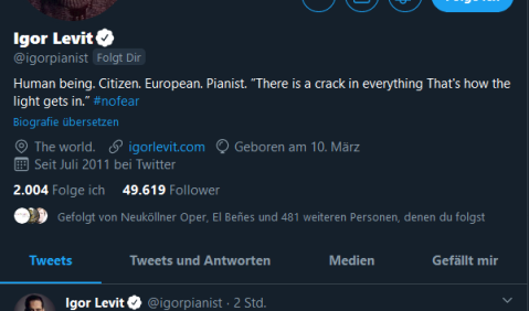 Igor Levit auf Twitter. Screenshot